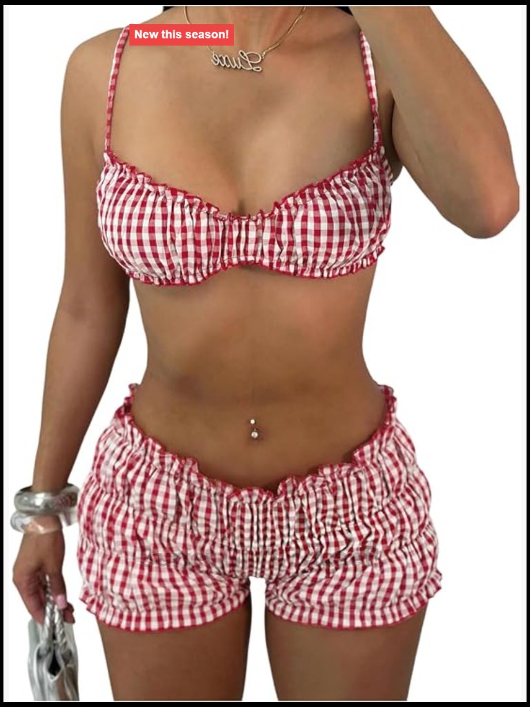 Gingham Bikini Set With Shorts Ruched Vacation Beach 2 Piece Swimsuit
